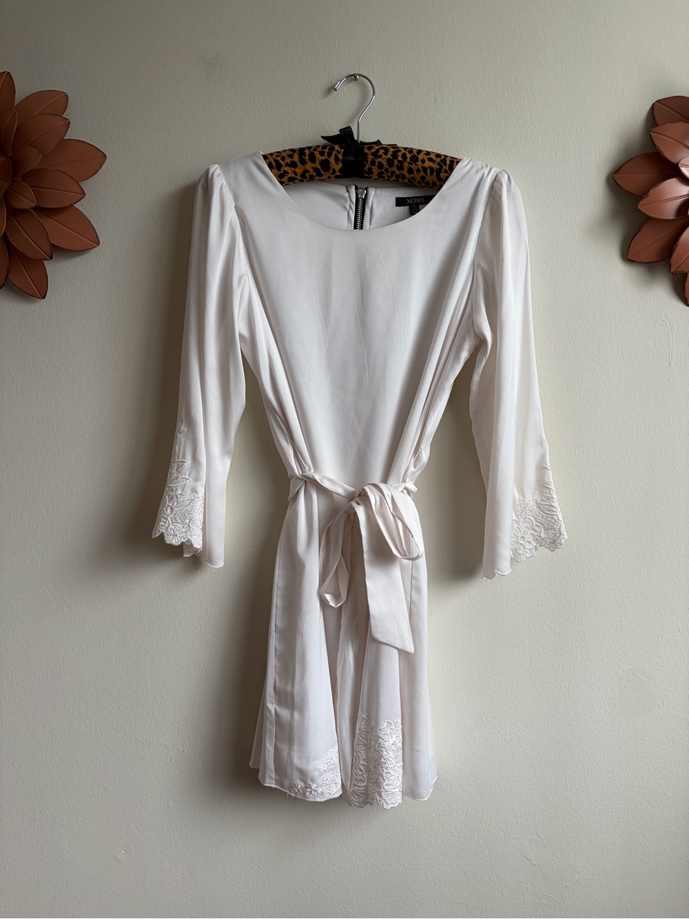 XOXO Cream Lace-Trim Long Sleeve Wrap Dress